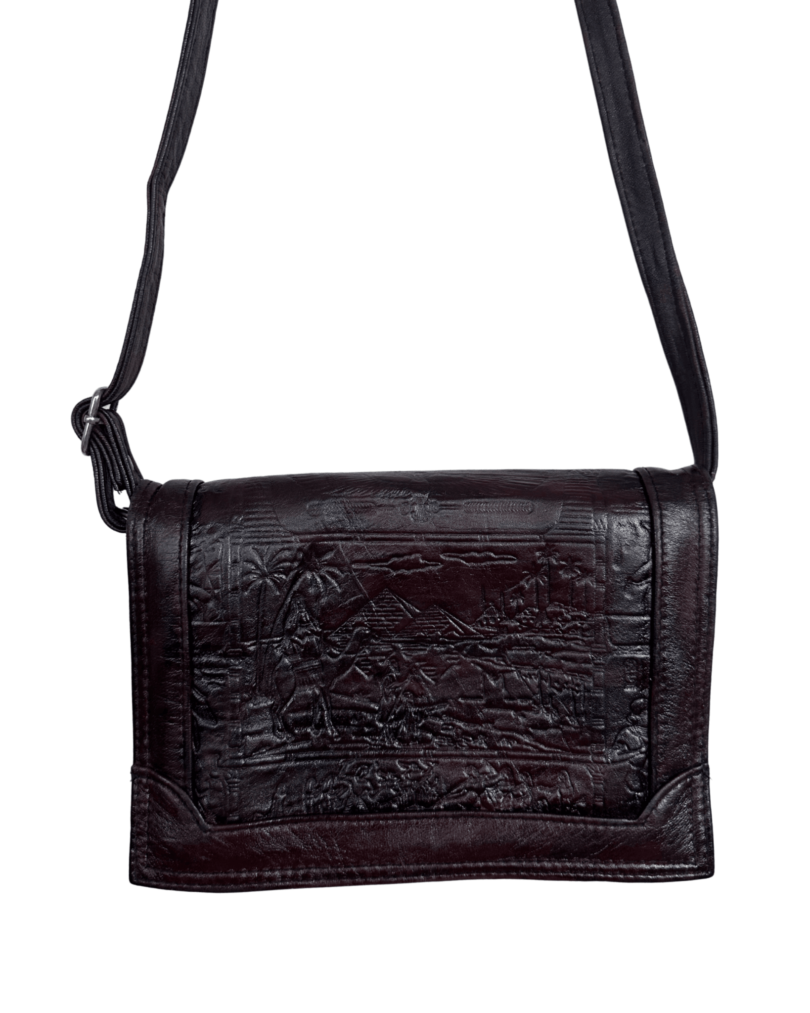 Vintage Embossed Egyptian Motif Burgundy Genuine Leather Crossbody Bag - Funkify