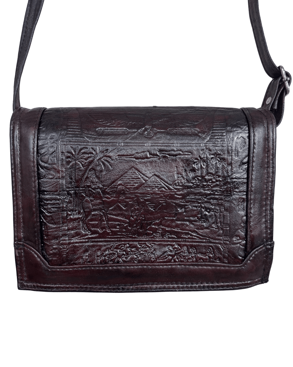 Vintage Embossed Egyptian Motif Burgundy Genuine Leather Crossbody Bag - Funkify