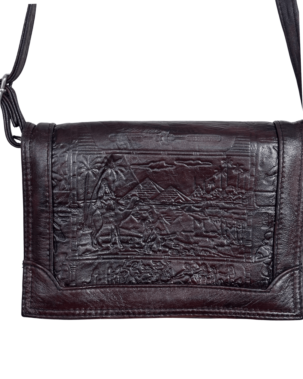 Vintage Embossed Egyptian Motif Burgundy Genuine Leather Crossbody Bag - Funkify