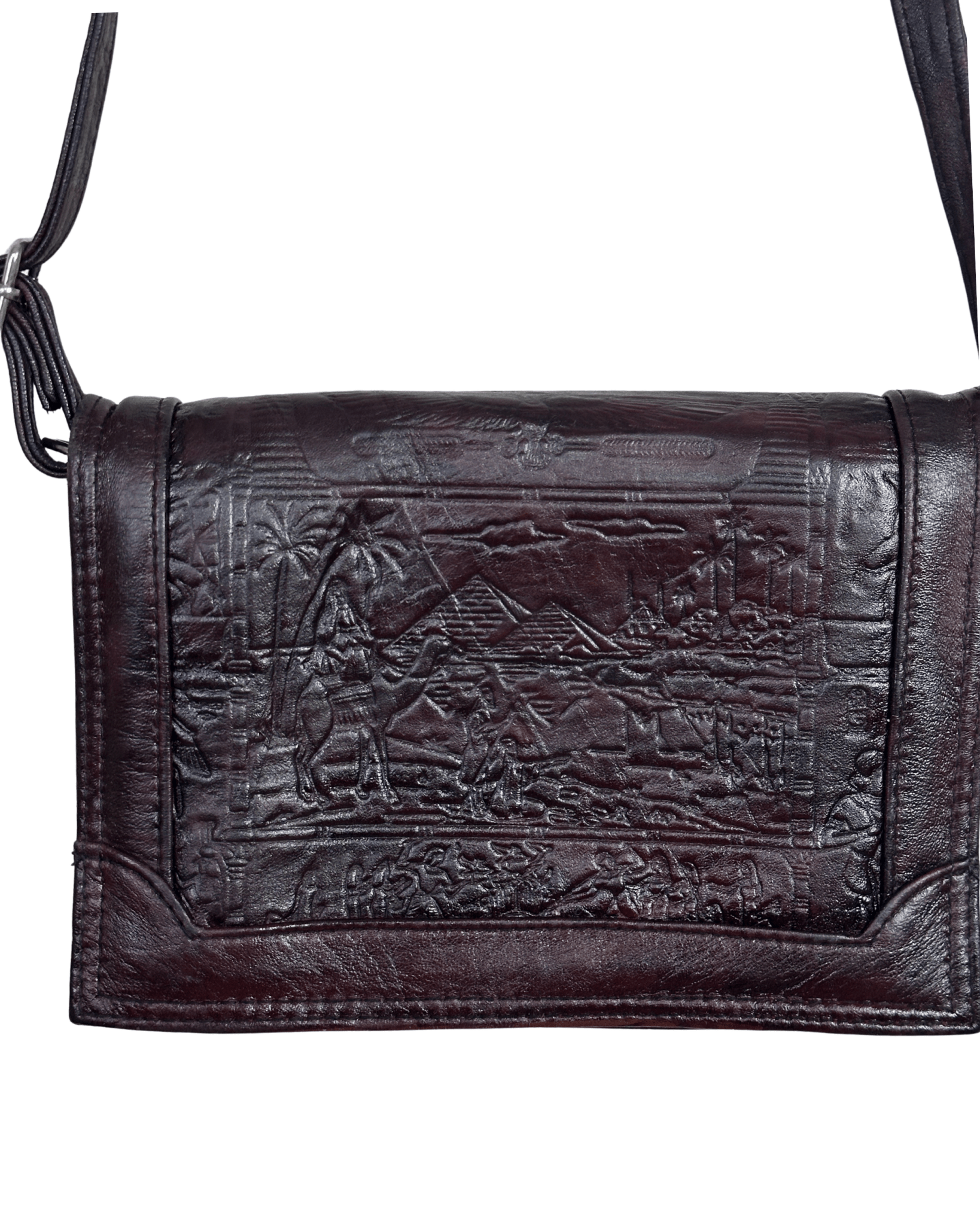 Vintage Embossed Egyptian Motif Burgundy Genuine Leather Crossbody Bag - Funkify