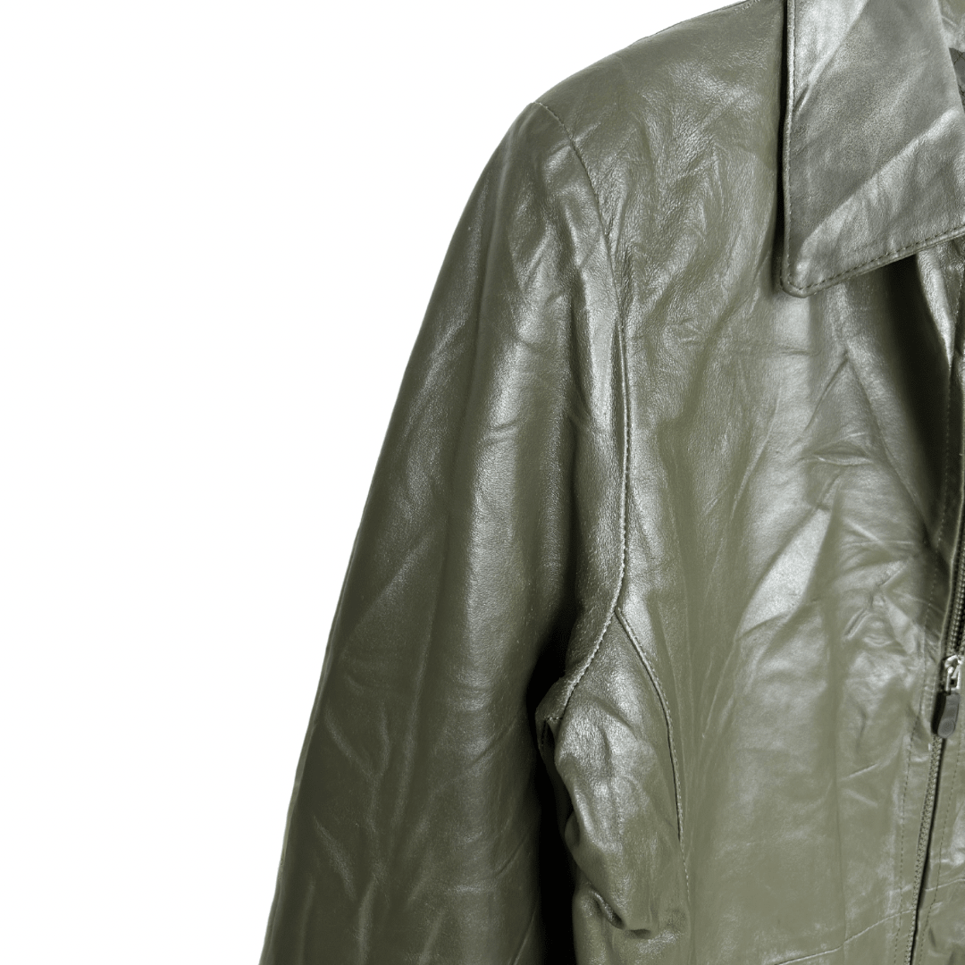Vintage Genuine Leather Olive Green Coat Large - Funkify