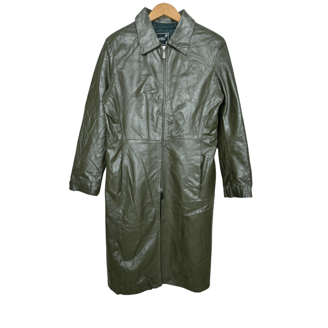 Vintage Genuine Leather Olive Green Coat Large - Funkify