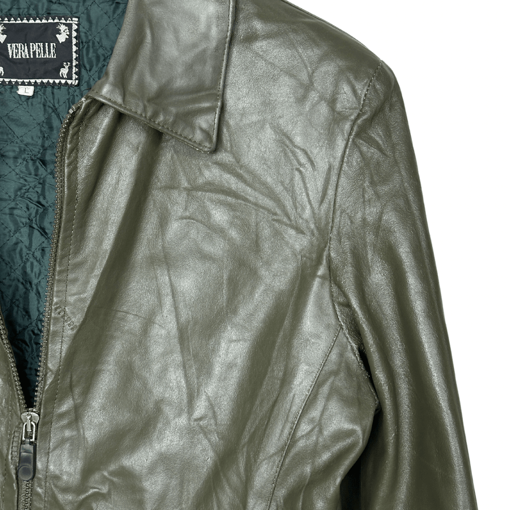 Vintage Genuine Leather Olive Green Coat Large - Funkify