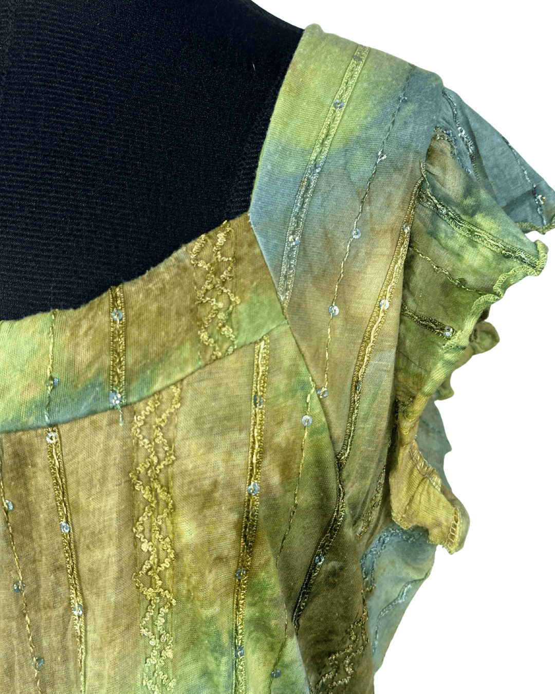 Vintage Green Crinkle Blouse with Sequin Detail Large - Funkify