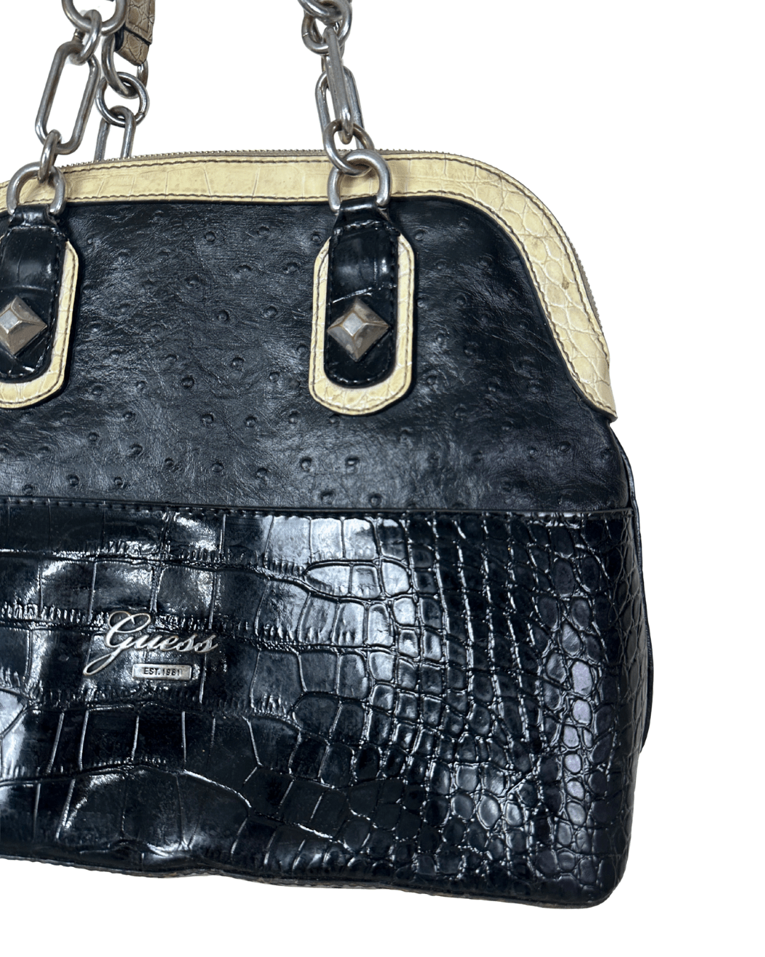 Vintage Guess Black Croc & Ostrich Embossed Handbag - Funkify