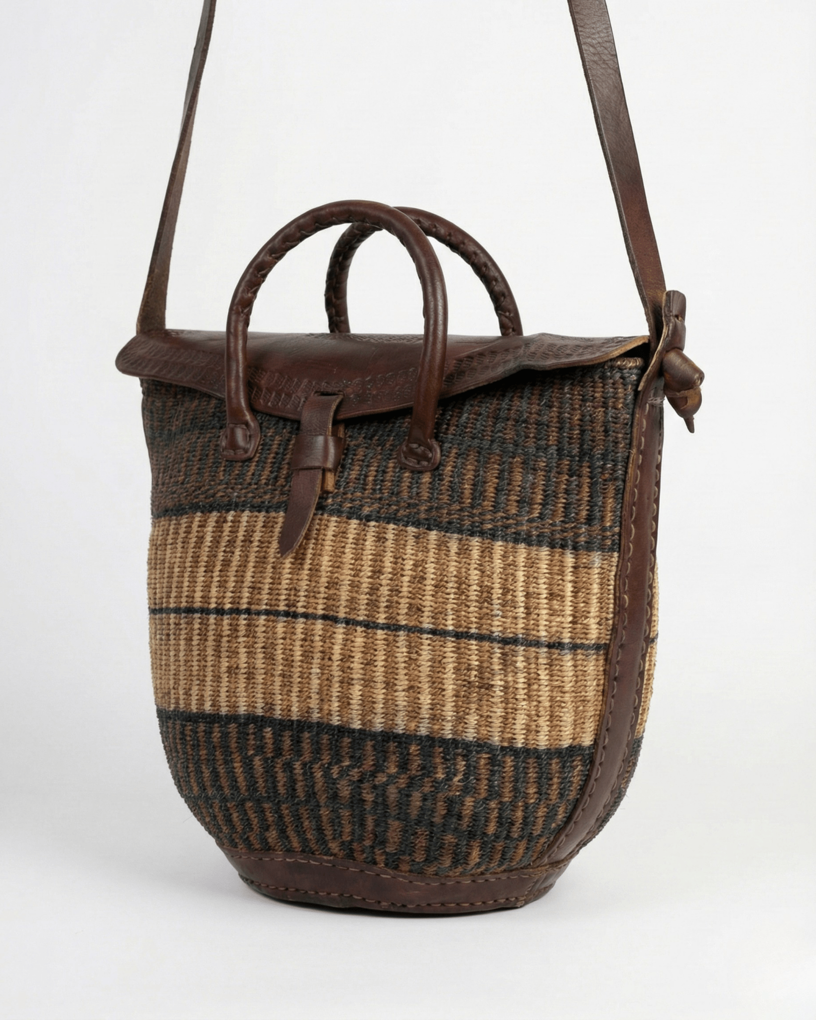 Vintage Handwoven Sisal & Leather Basket Bag - Funkify