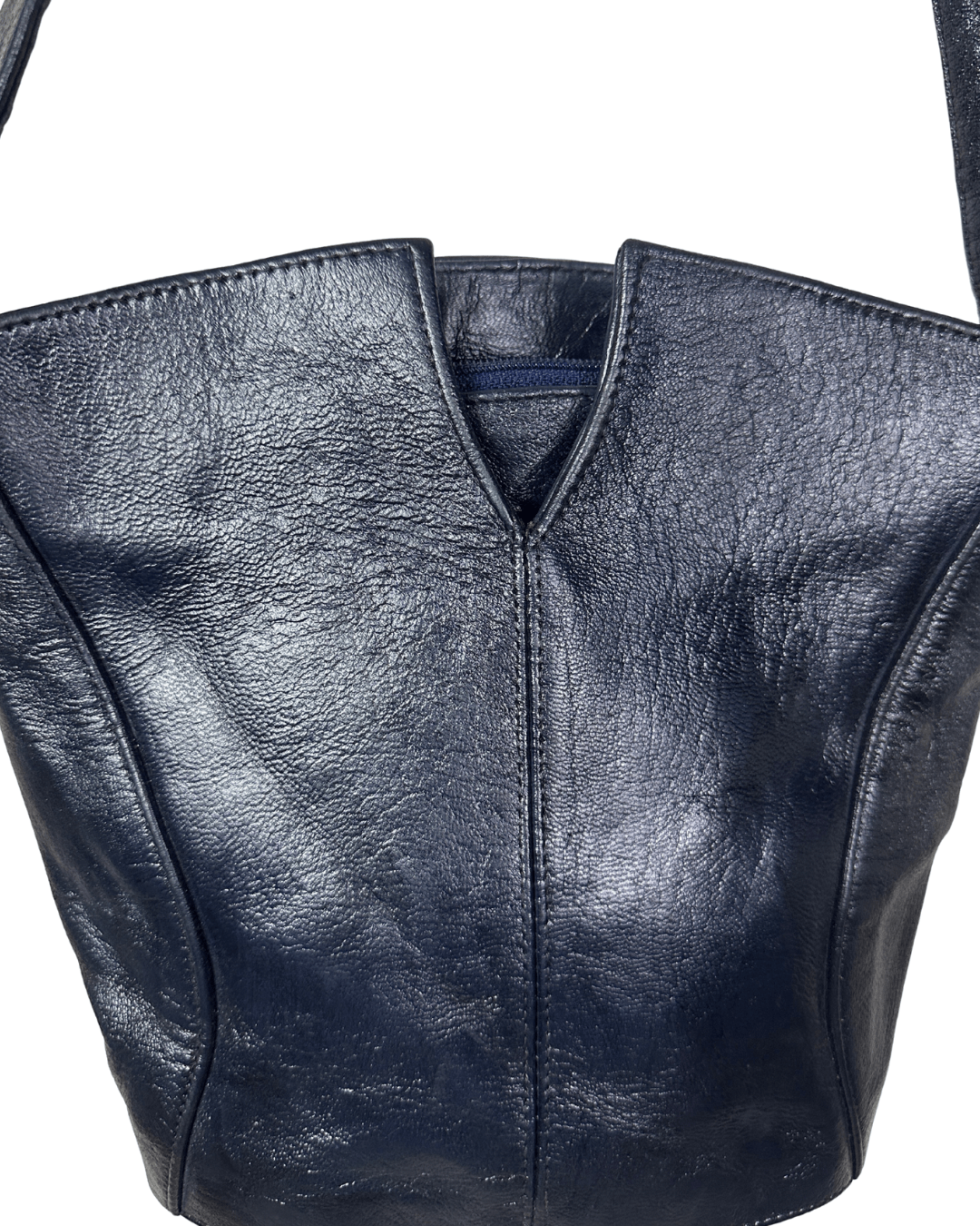 Vintage Navy Genuine Leather Bucket Bag - Funkify