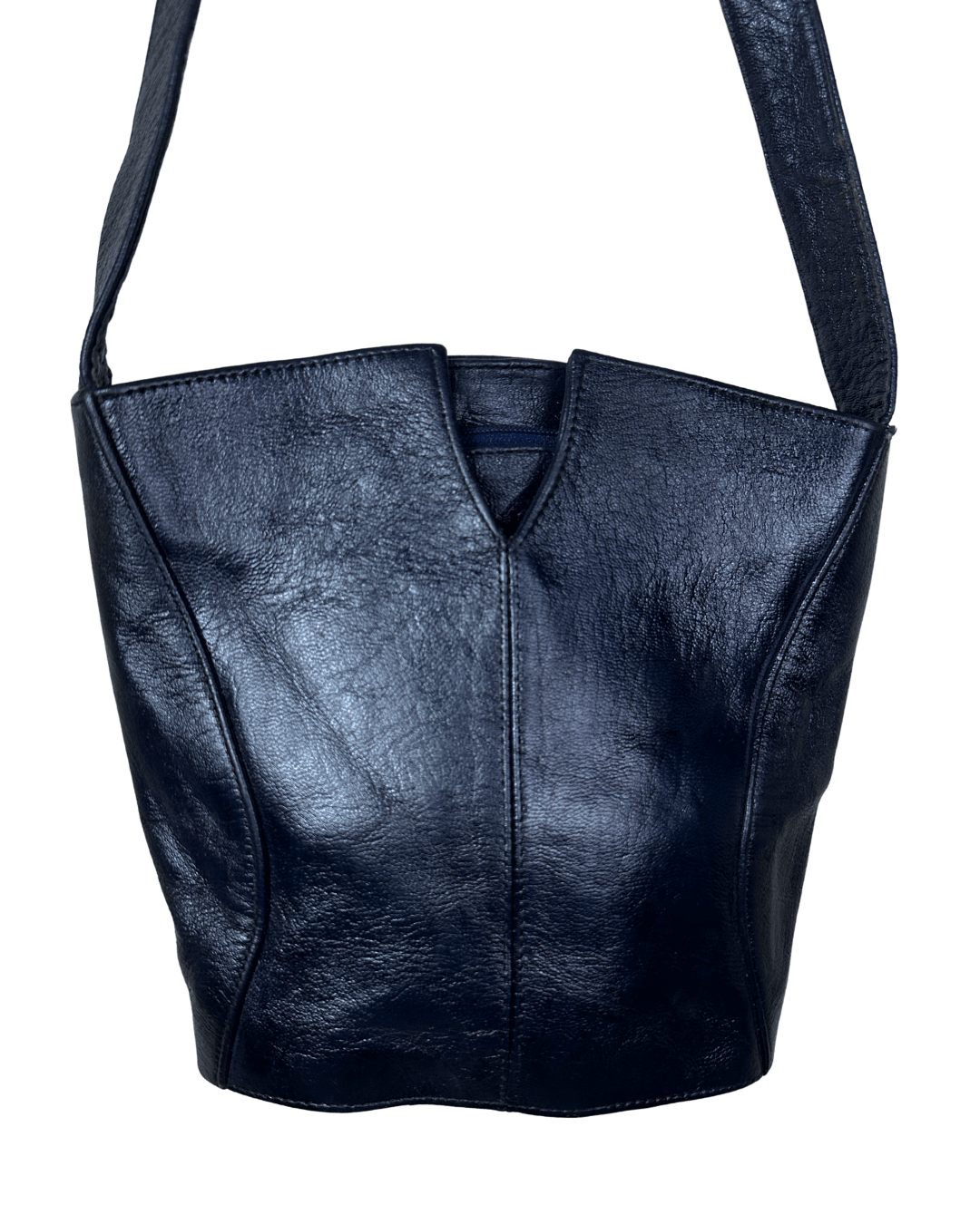 Vintage Navy Genuine Leather Bucket Bag - Funkify