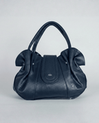 Vintage Navy Genuine Leather Slouchy Ruched Shoulder Bag - Funkify