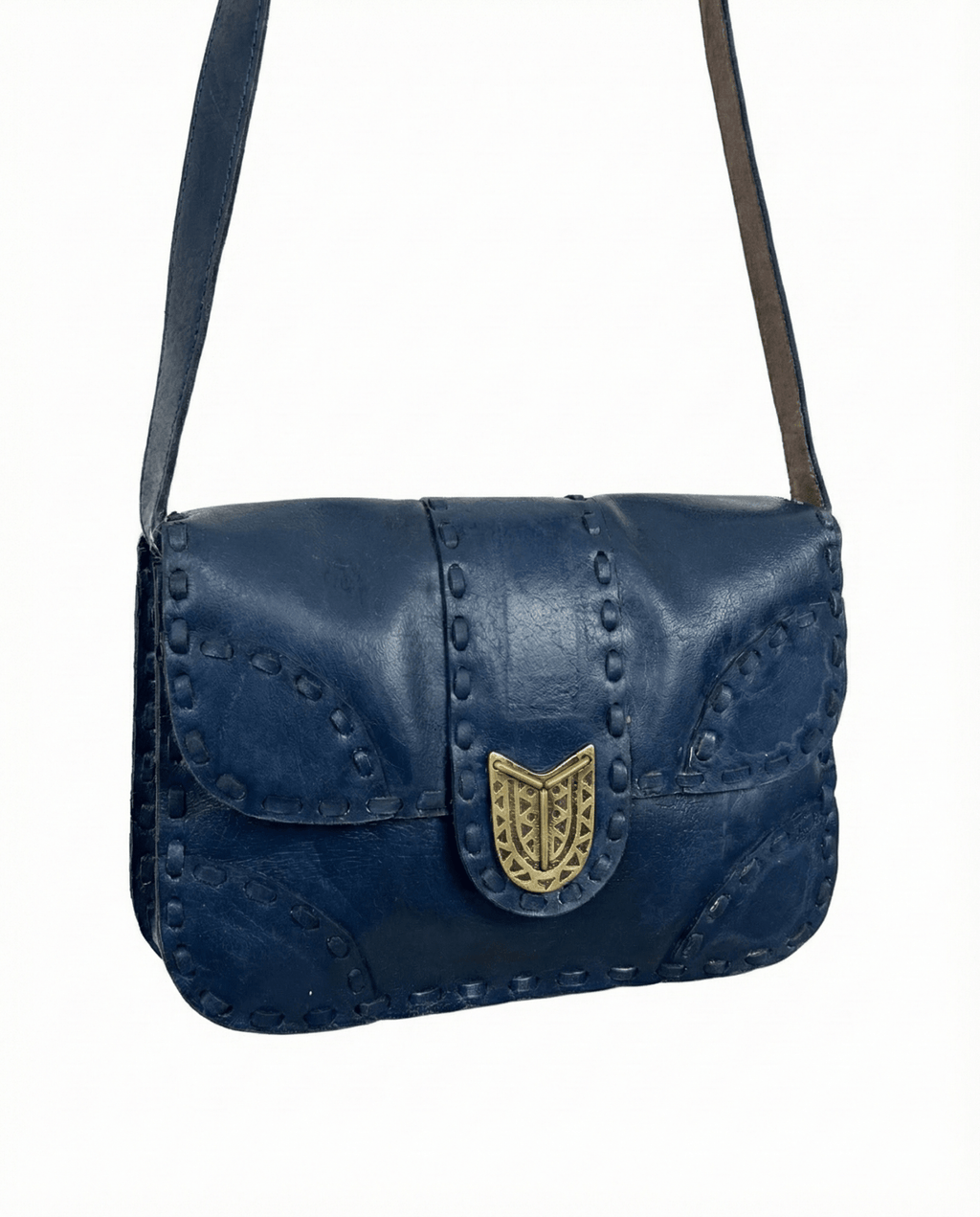 Vintage Navy Genuine Leather Whipstitch Shoulder Bag - Funkify