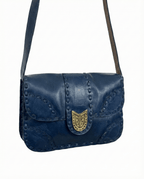 Vintage Navy Genuine Leather Whipstitch Shoulder Bag - Funkify