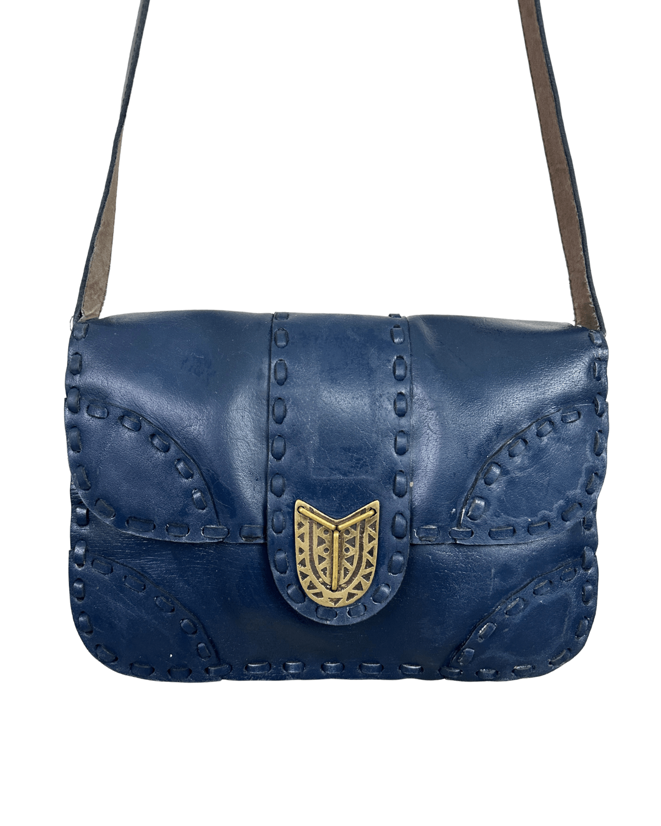 Vintage Navy Genuine Leather Whipstitch Shoulder Bag - Funkify