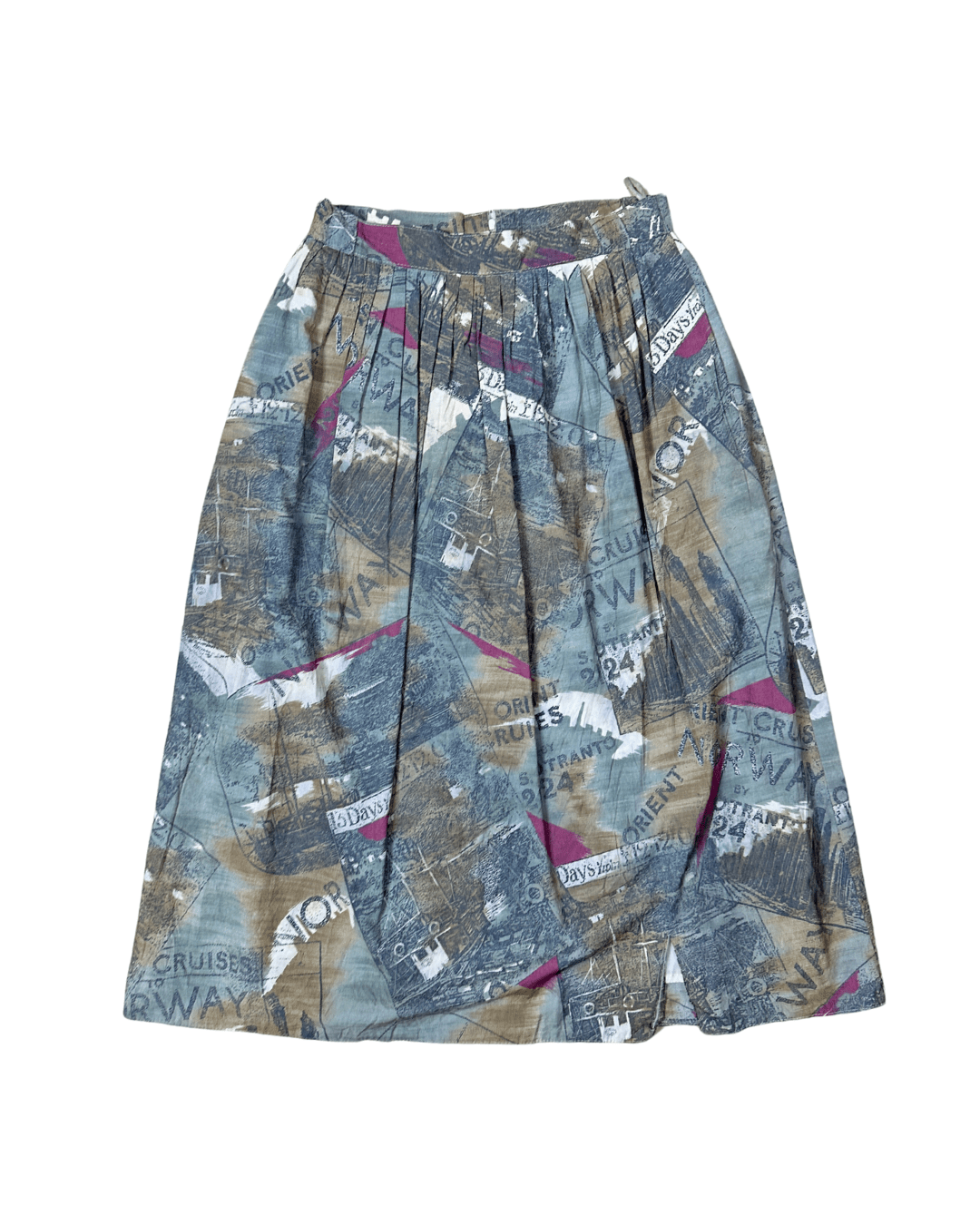 Vintage Norway Cruise Print Pleated Midi Skirt with Belt Loops - Funkify