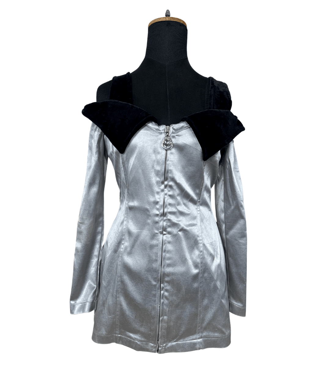 Vintage Prestige Satin Off Shoulder Velvet Collar Mini Dress Small - Funkify