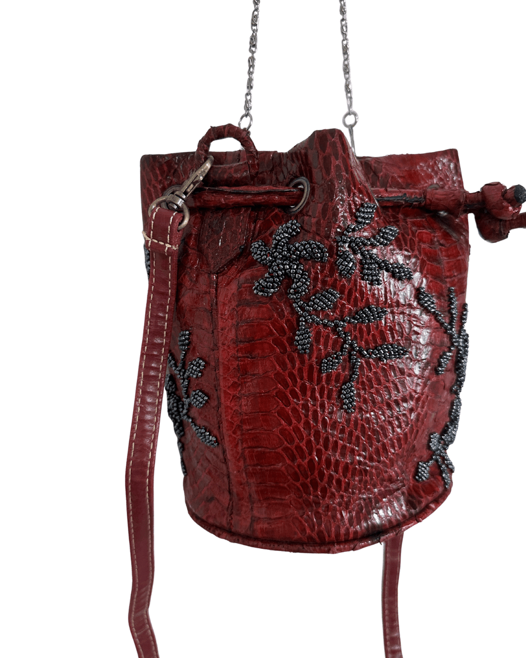 Vintage Red Snakeskin - Style Beaded Bucket Bag w/ Chain strap - Funkify