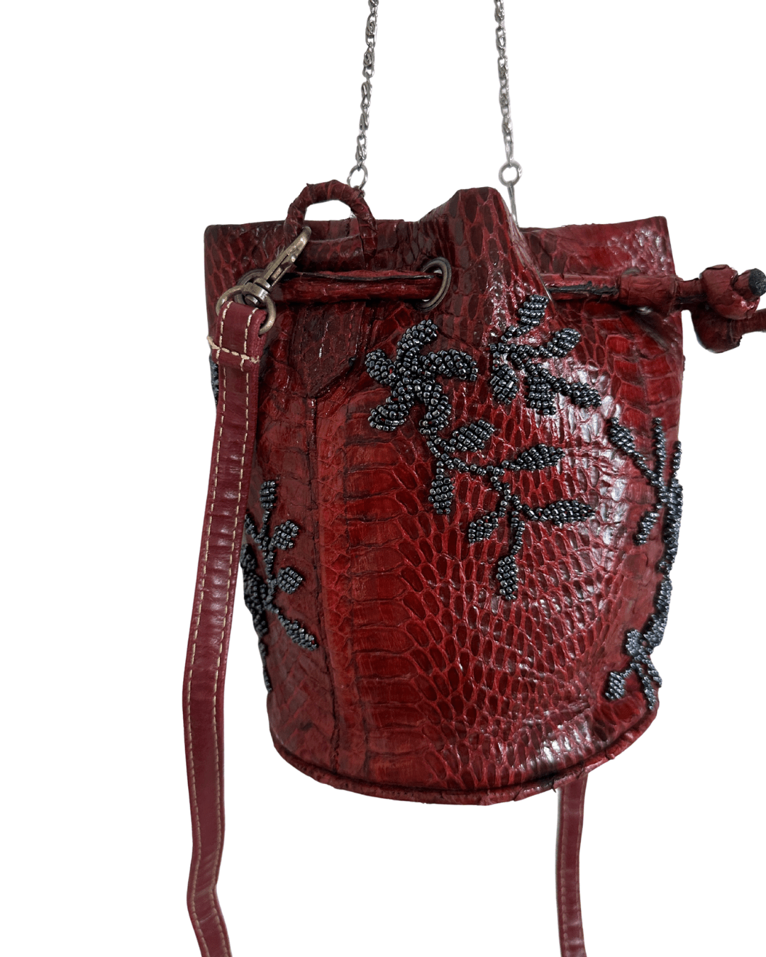 Vintage Red Snakeskin - Style Beaded Bucket Bag w/ Chain strap - Funkify