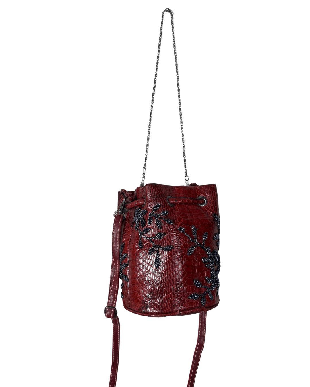 Vintage Red Snakeskin - Style Beaded Bucket Bag w/ Chain strap - Funkify