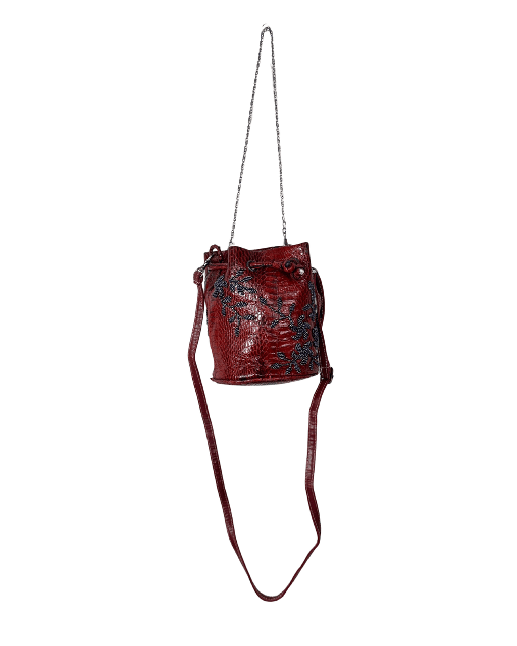 Vintage Red Snakeskin - Style Beaded Bucket Bag w/ Chain strap - Funkify
