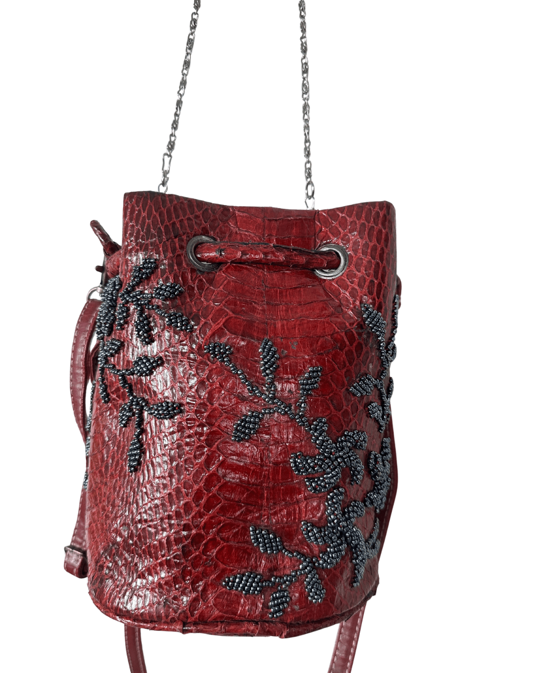 Vintage Red Snakeskin - Style Beaded Bucket Bag w/ Chain strap - Funkify