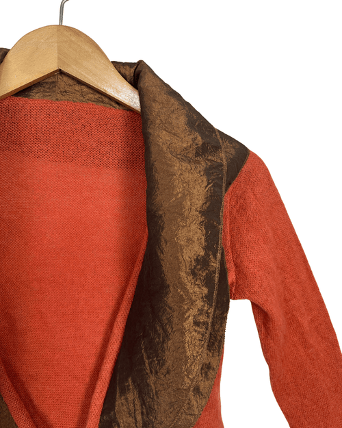 Vintage rust knit tie-front cardigan with satin trim
