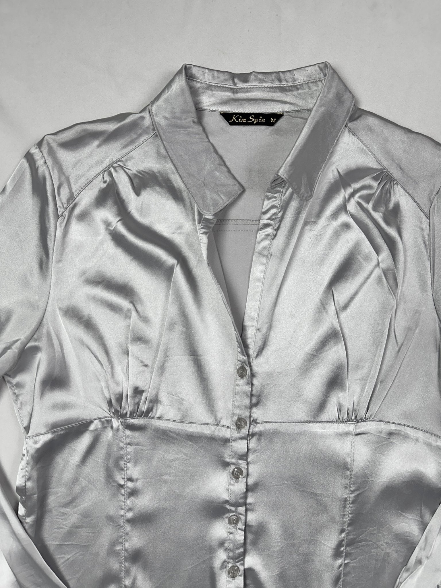 Vintage Silver Satin Fitted Shirt Medium - Funkify