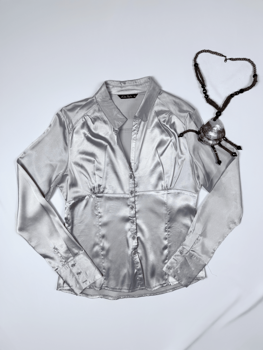 Vintage Silver Satin Fitted Shirt Medium - Funkify