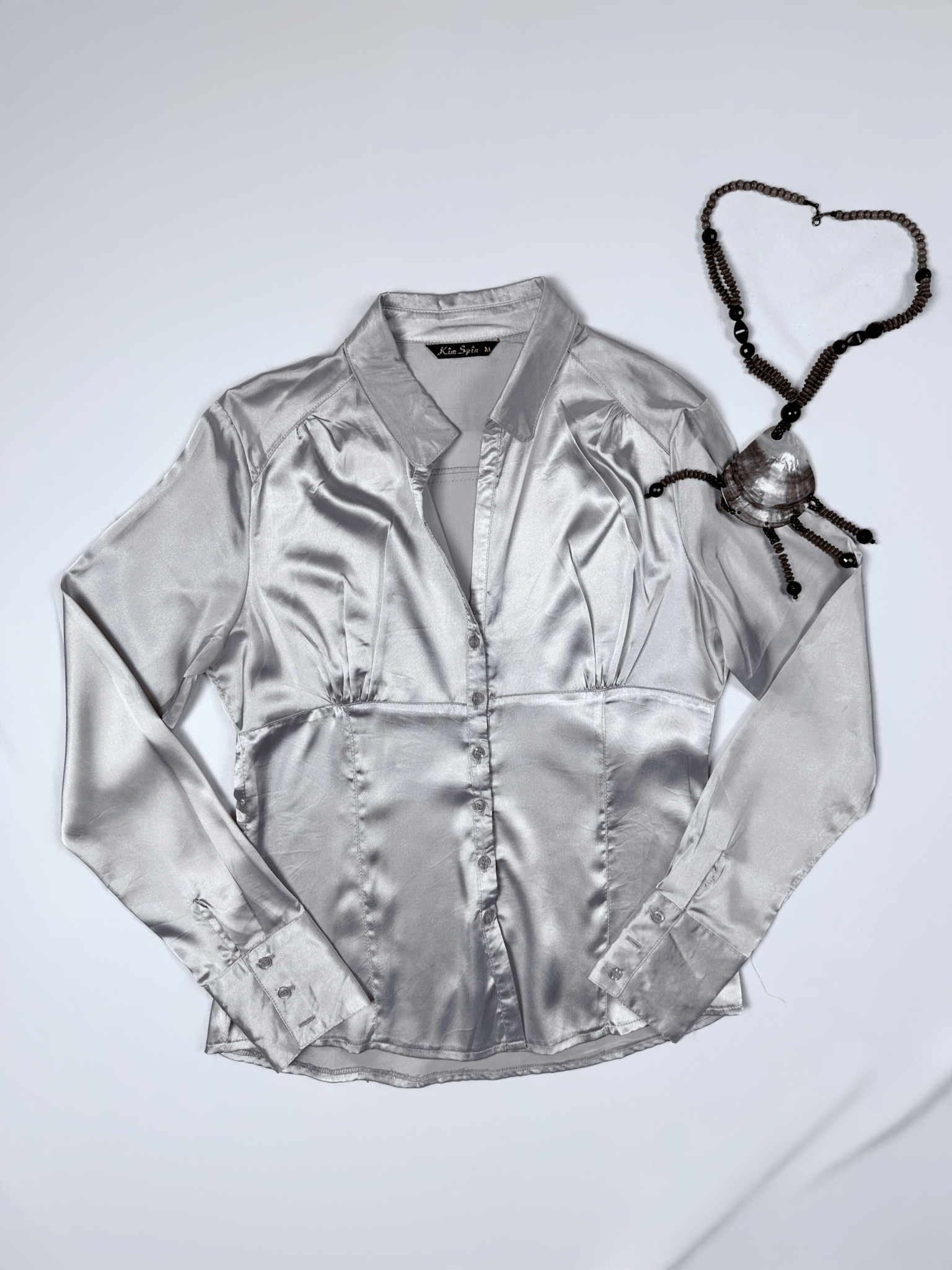 Vintage Silver Satin Fitted Shirt Medium - Funkify