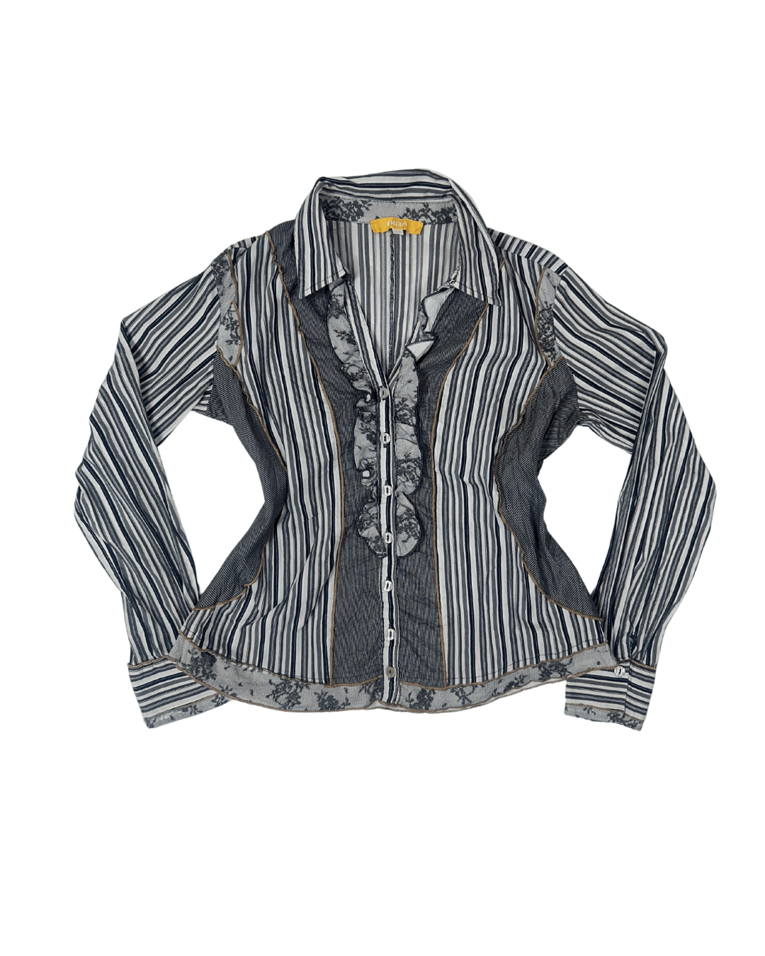 Vintage Striped Ruffle Trim Fitted Shirt with Floral Details - Funkify
