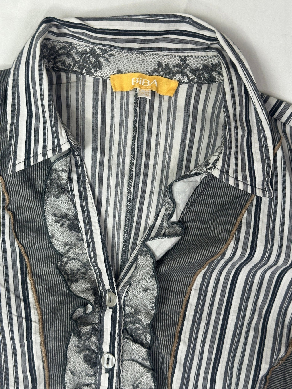 Vintage Striped Ruffle Trim Fitted Shirt with Floral Details - Funkify