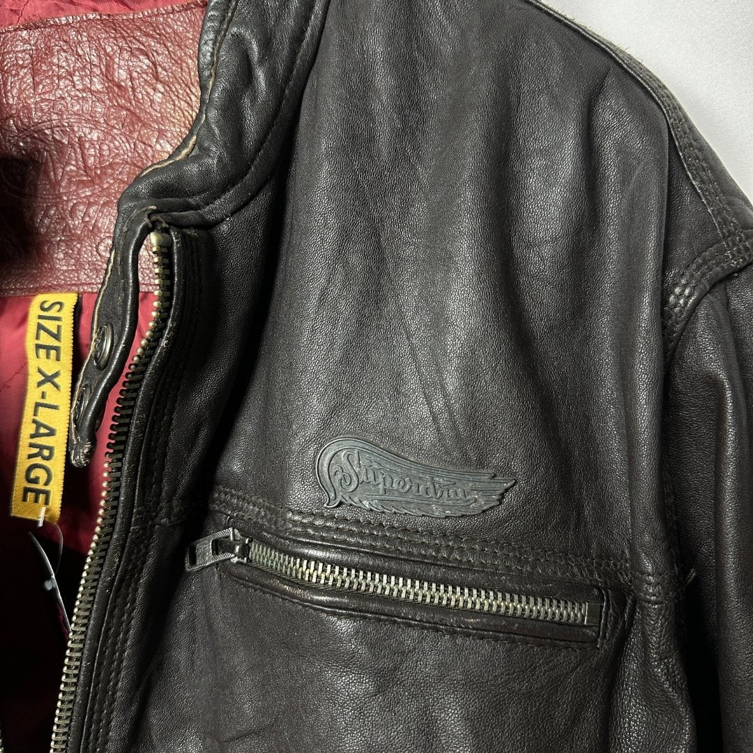 Vintage SuperDry Brown Genuine Leather Jacket Large - Funkify