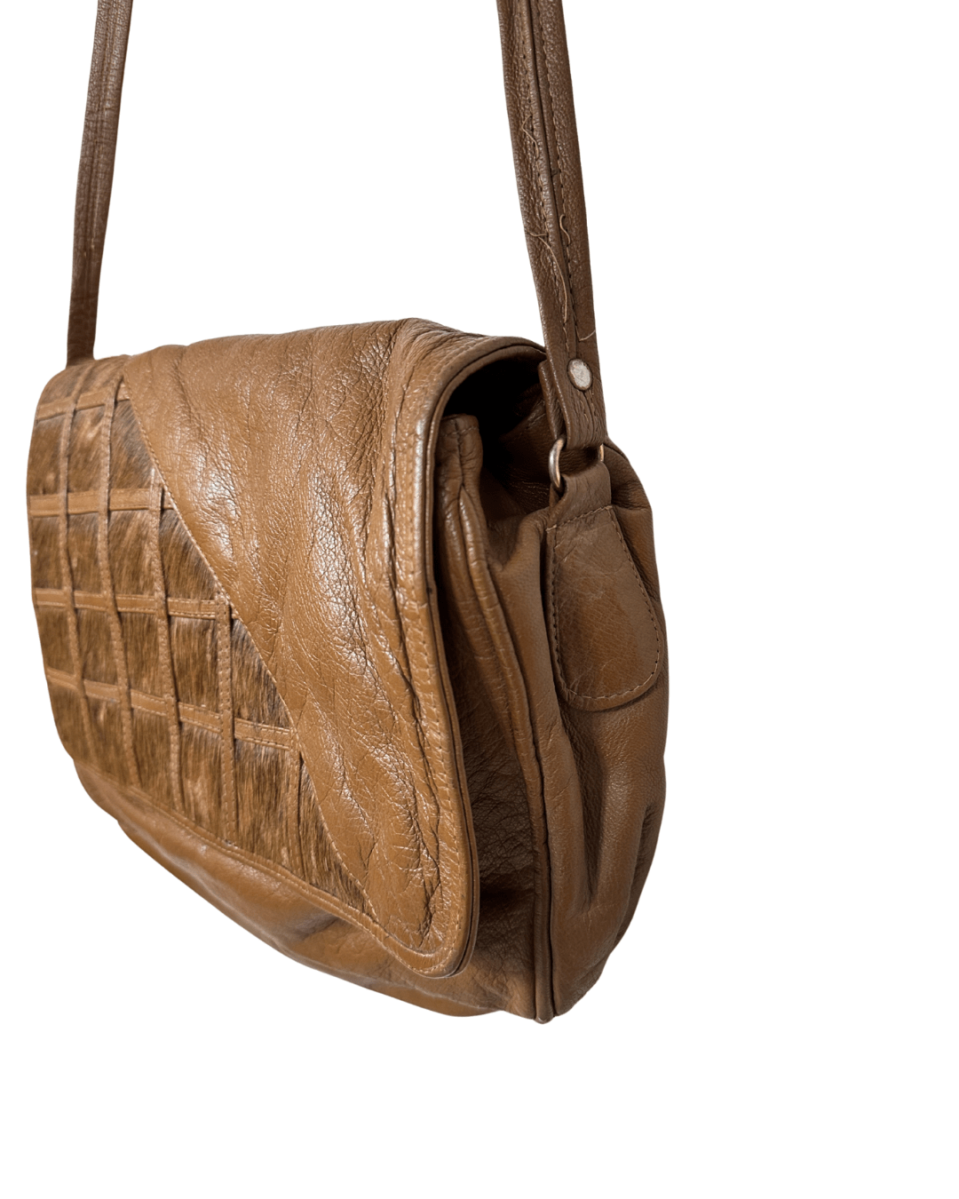 Vintage Tan Leather Messenger Crossbody Bag w/ Hair - On Cowhide Panel - Funkify