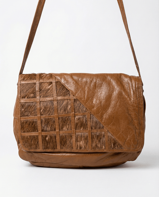 Vintage Tan Leather Messenger Crossbody Bag w/ Hair - On Cowhide Panel - Funkify