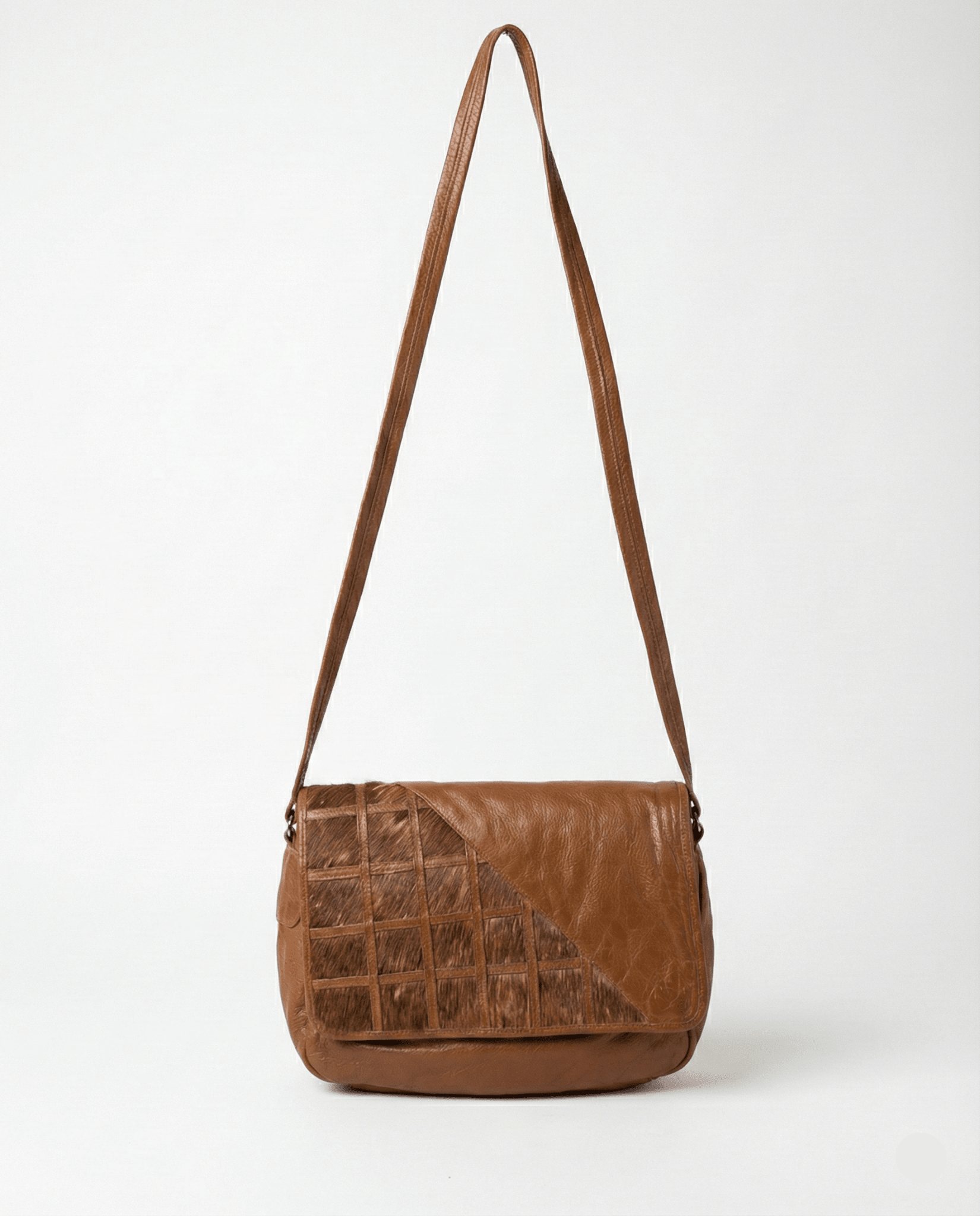 Vintage Tan Leather Messenger Crossbody Bag w/ Hair - On Cowhide Panel - Funkify