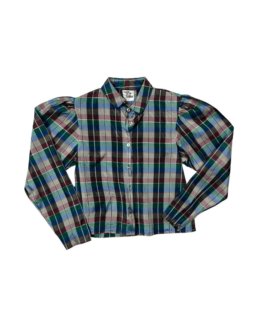 Vintage Verna Spence Plaid Puff Sleeve Cropped Fit Shirt - Funkify