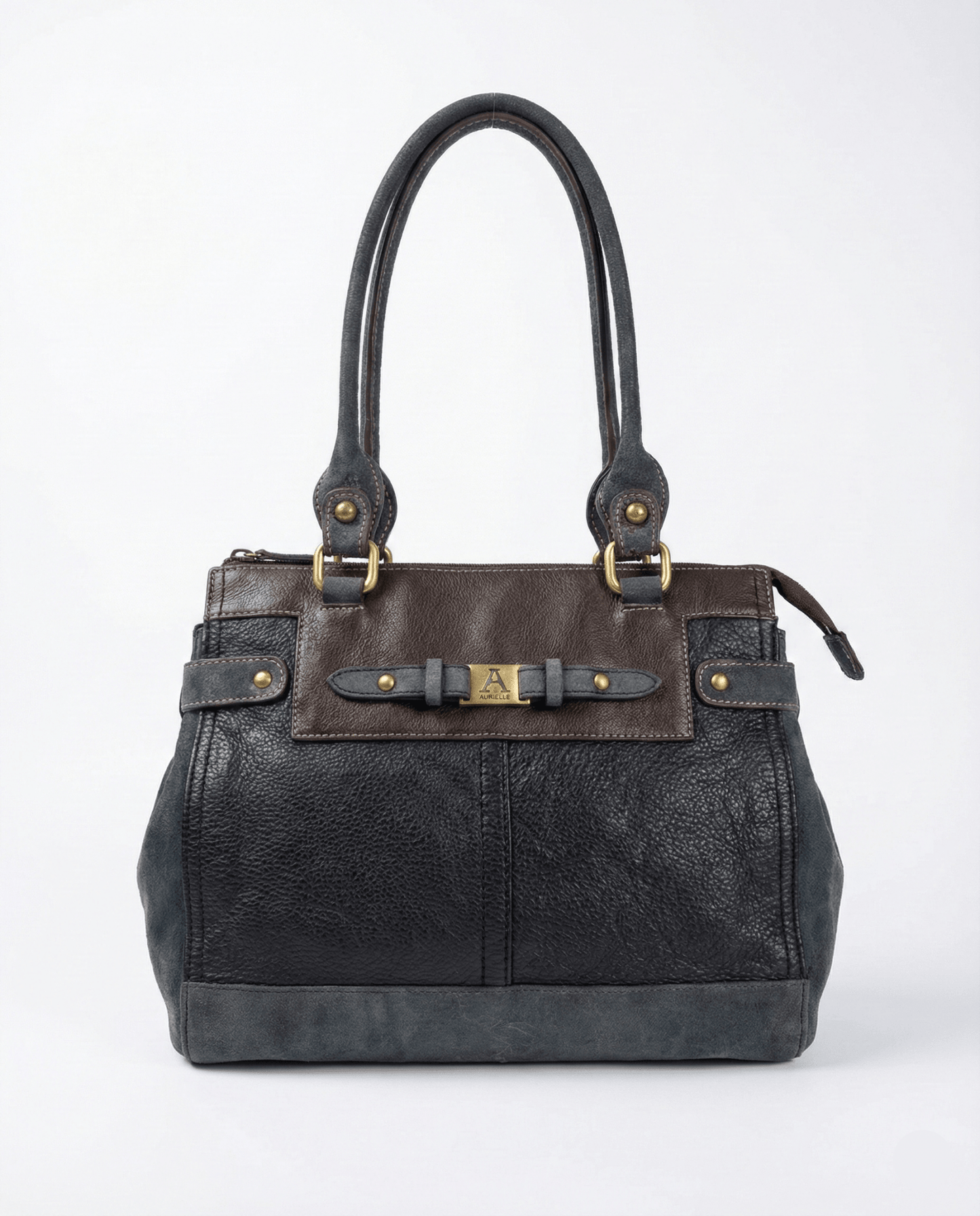 Vintage Y2K AURIELLE Brown & Black Genuine Leather Shoulder Tote - Funkify