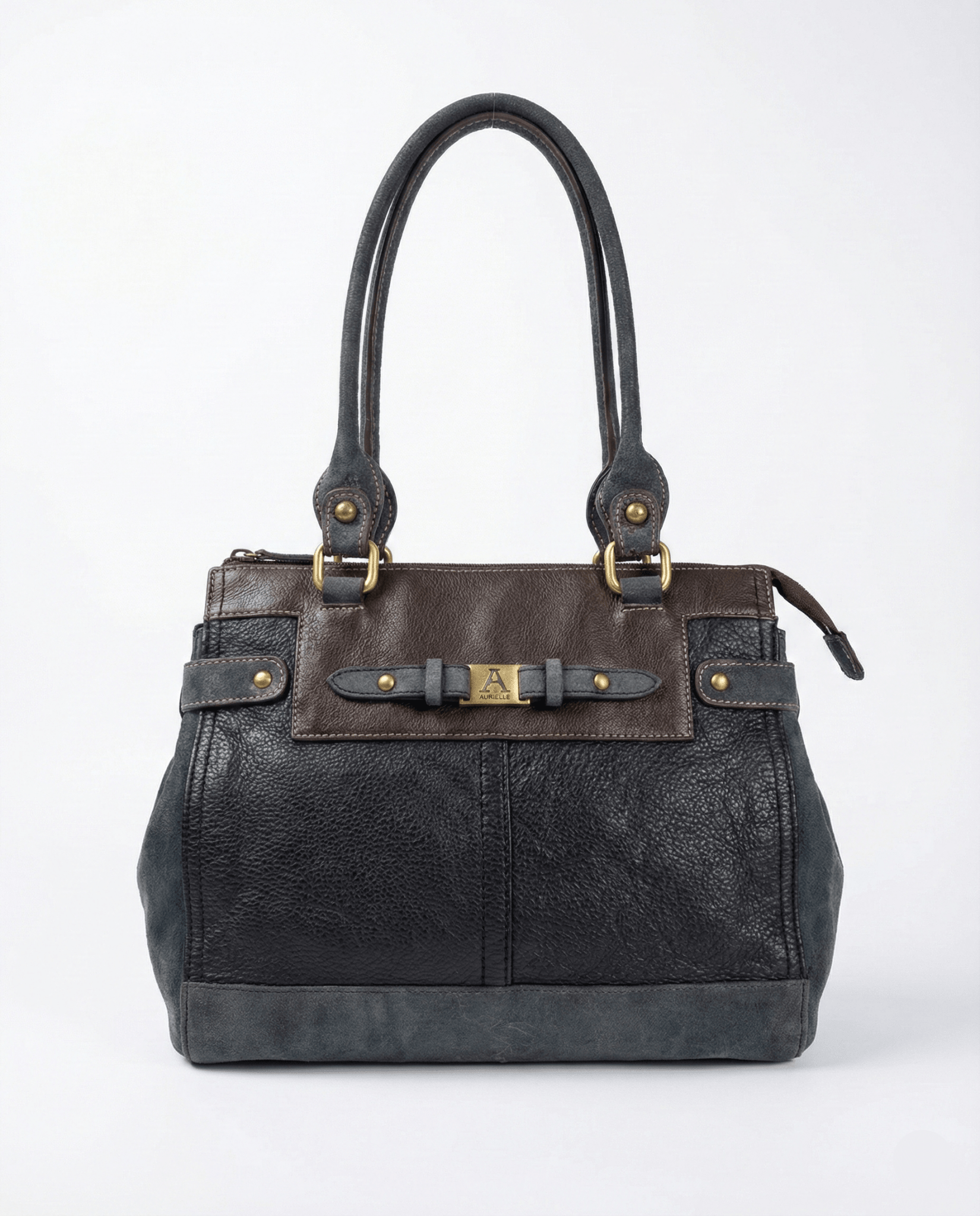 Vintage Y2K AURIELLE Brown & Black Genuine Leather Shoulder Tote - Funkify