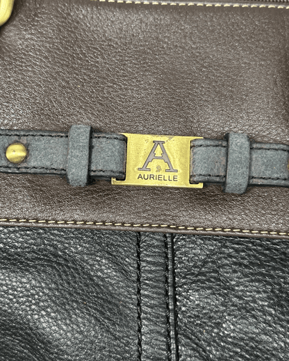 Vintage Y2K AURIELLE Brown & Black Genuine Leather Shoulder Tote - Funkify