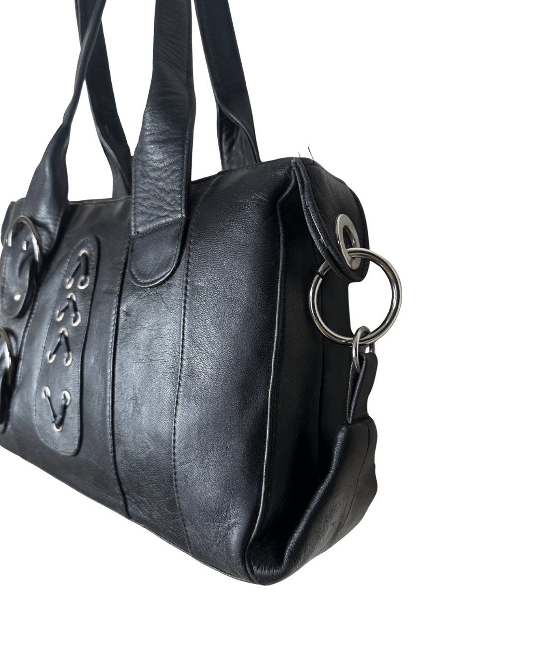 Vintage Y2K Black Genuine Leather Shoulder Bag with Buckle and Lace - Up Detail - Funkify