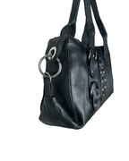 Vintage Y2K Black Genuine Leather Shoulder Bag with Buckle and Lace - Up Detail - Funkify