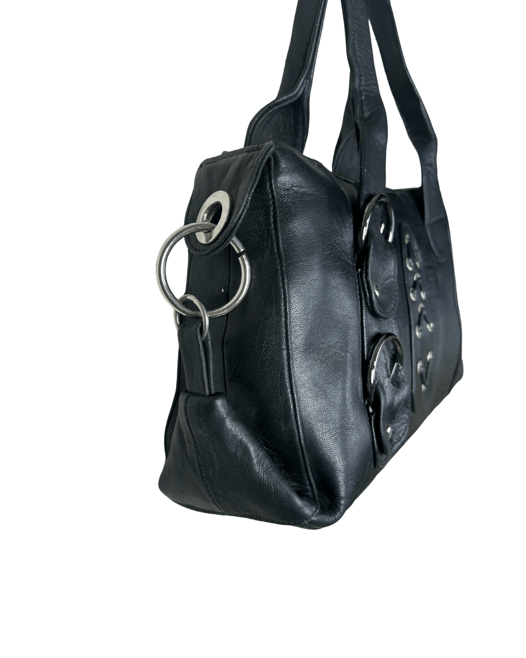 Vintage Y2K Black Genuine Leather Shoulder Bag with Buckle and Lace - Up Detail - Funkify