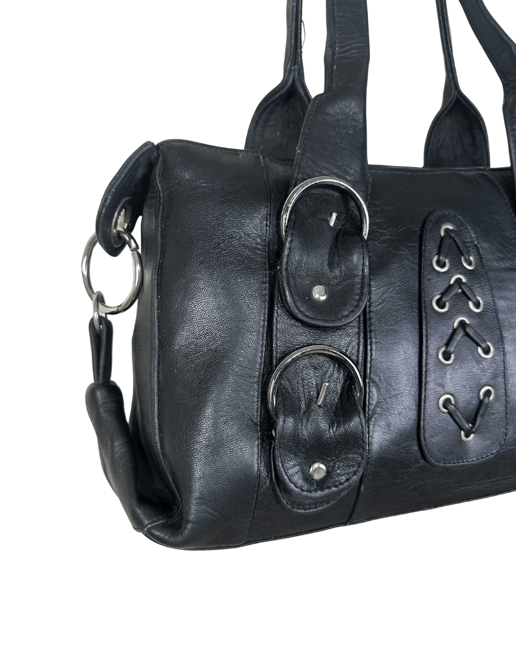Vintage Y2K Black Genuine Leather Shoulder Bag with Buckle and Lace - Up Detail - Funkify