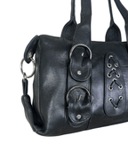 Vintage Y2K Black Genuine Leather Shoulder Bag with Buckle and Lace - Up Detail - Funkify