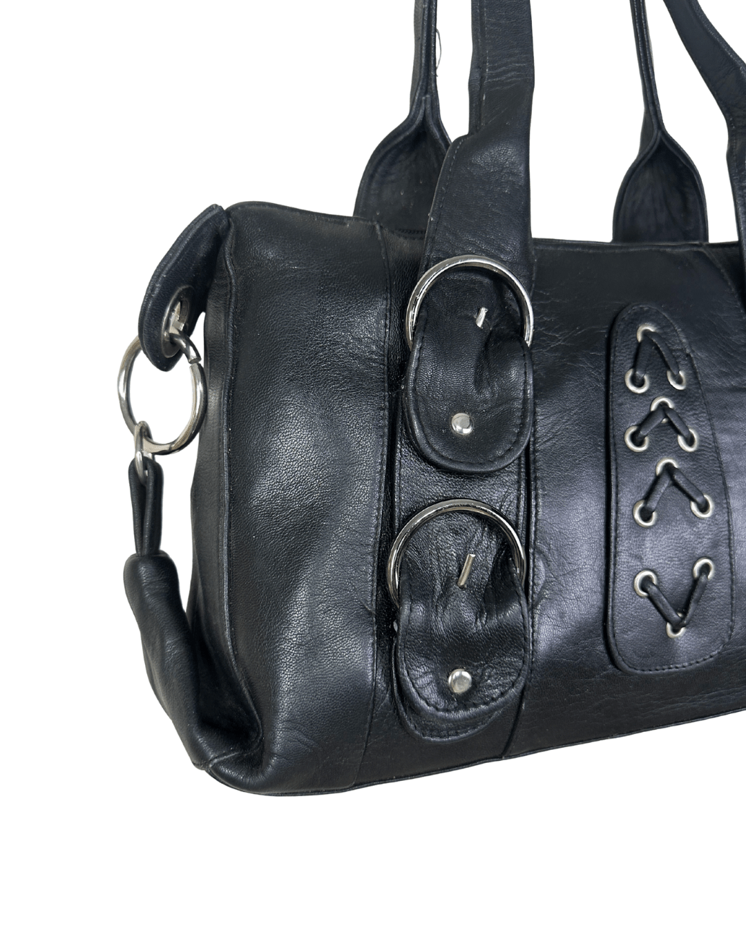 Vintage Y2K Black Genuine Leather Shoulder Bag with Buckle and Lace - Up Detail - Funkify