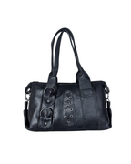 Vintage Y2K Black Genuine Leather Shoulder Bag with Buckle and Lace - Up Detail - Funkify