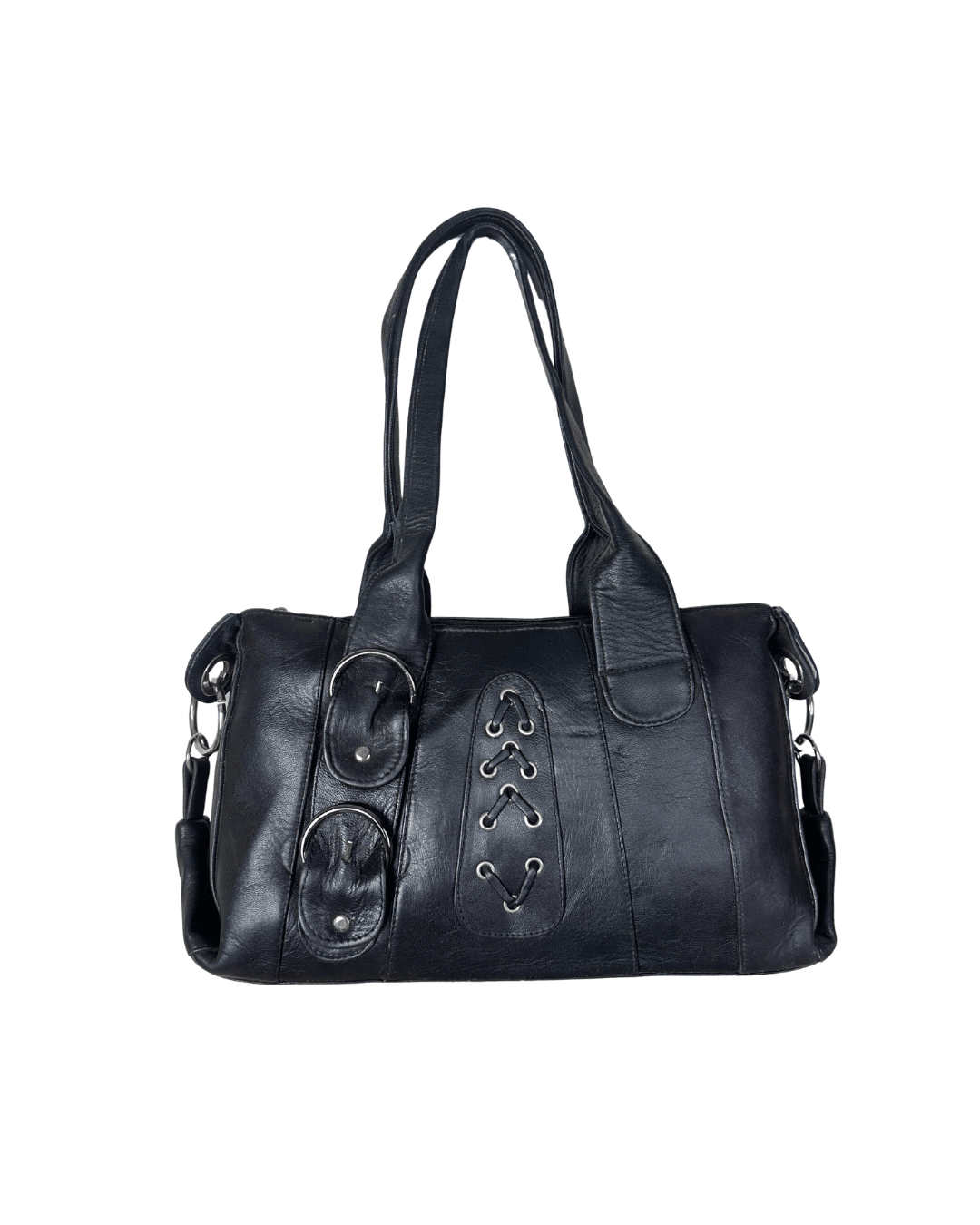 Vintage Y2K Black Genuine Leather Shoulder Bag with Buckle and Lace - Up Detail - Funkify