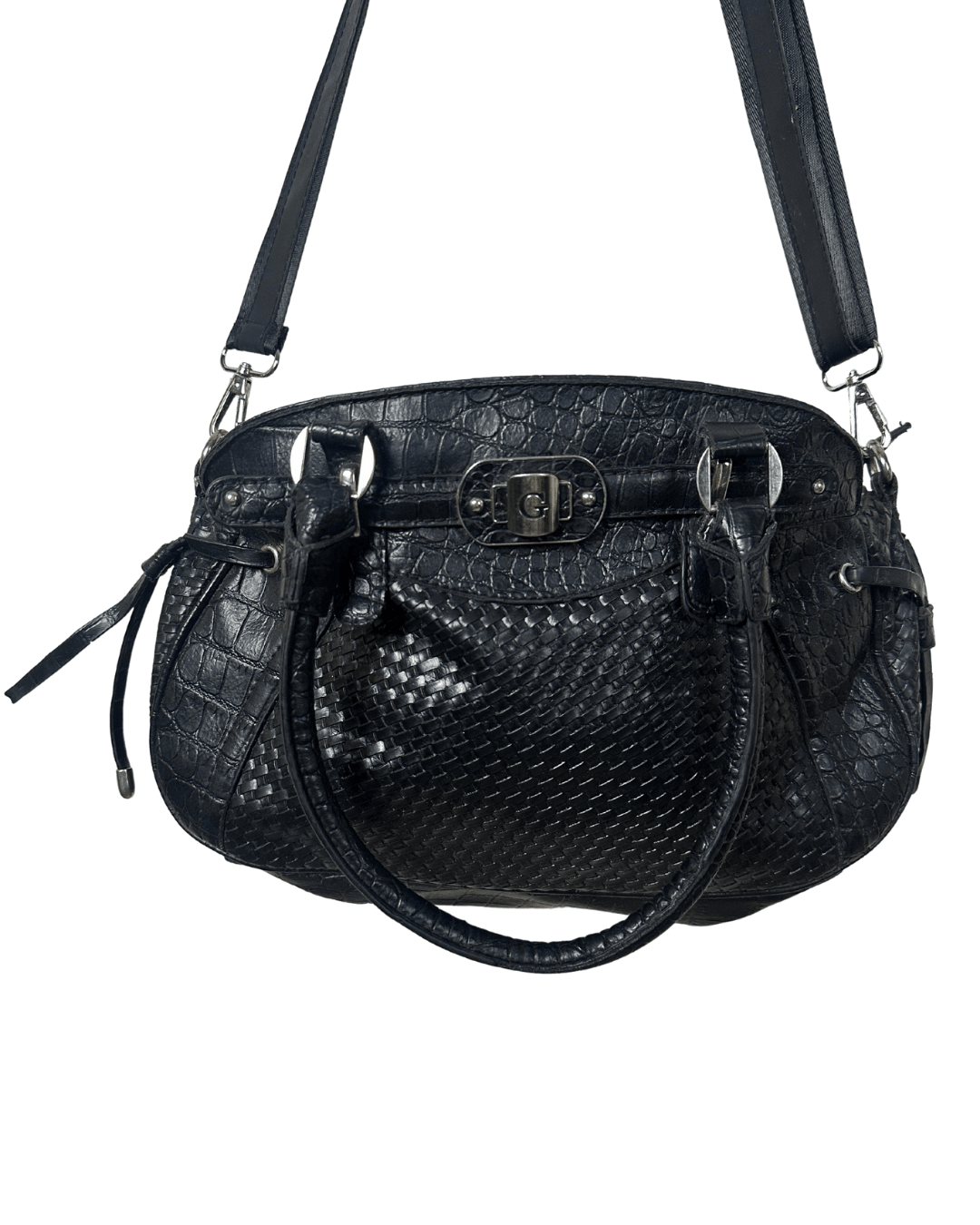 Vintage Y2K Guess Black Embossed Leather Shoulder Bag - Funkify