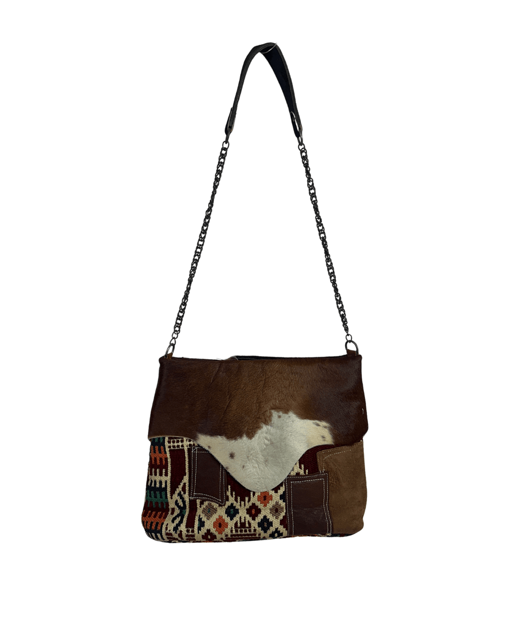 Vintage Y2K Hair-On Cowhide & Kilim Tapestry Shoulder Bag - Funkify
