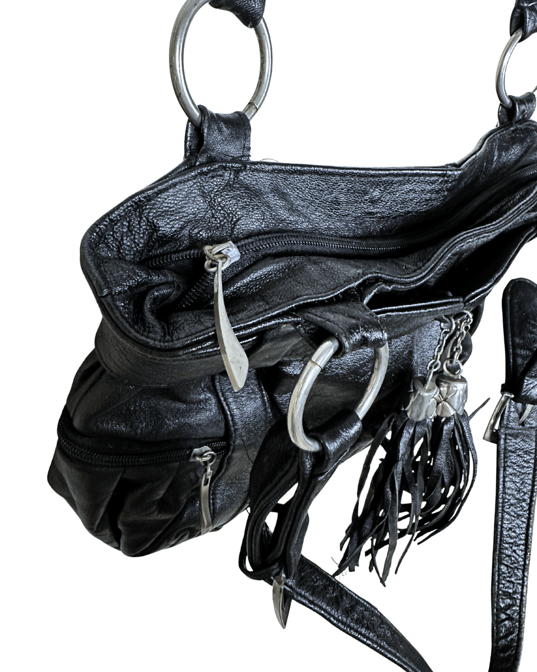 Vintage Y2K Leather Slouchy Shoulder Bag with Tassel Charm - Funkify