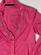 Viva Boutique Couture Hot Pink Rhinestone Trim Ruffle Neck Fitted Shirt - Small - Funkify