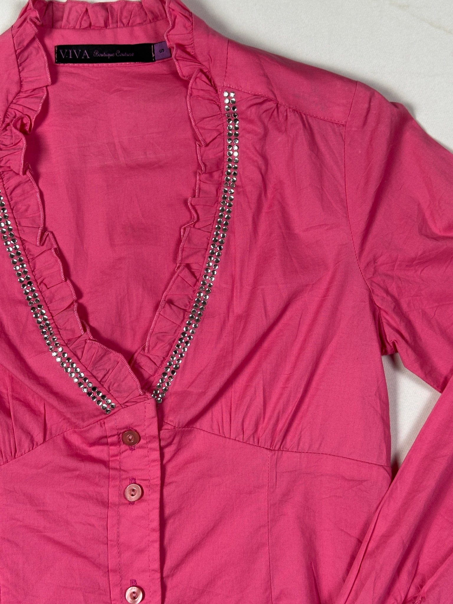 Viva Boutique Couture Hot Pink Rhinestone Trim Ruffle Neck Fitted Shirt - Small - Funkify